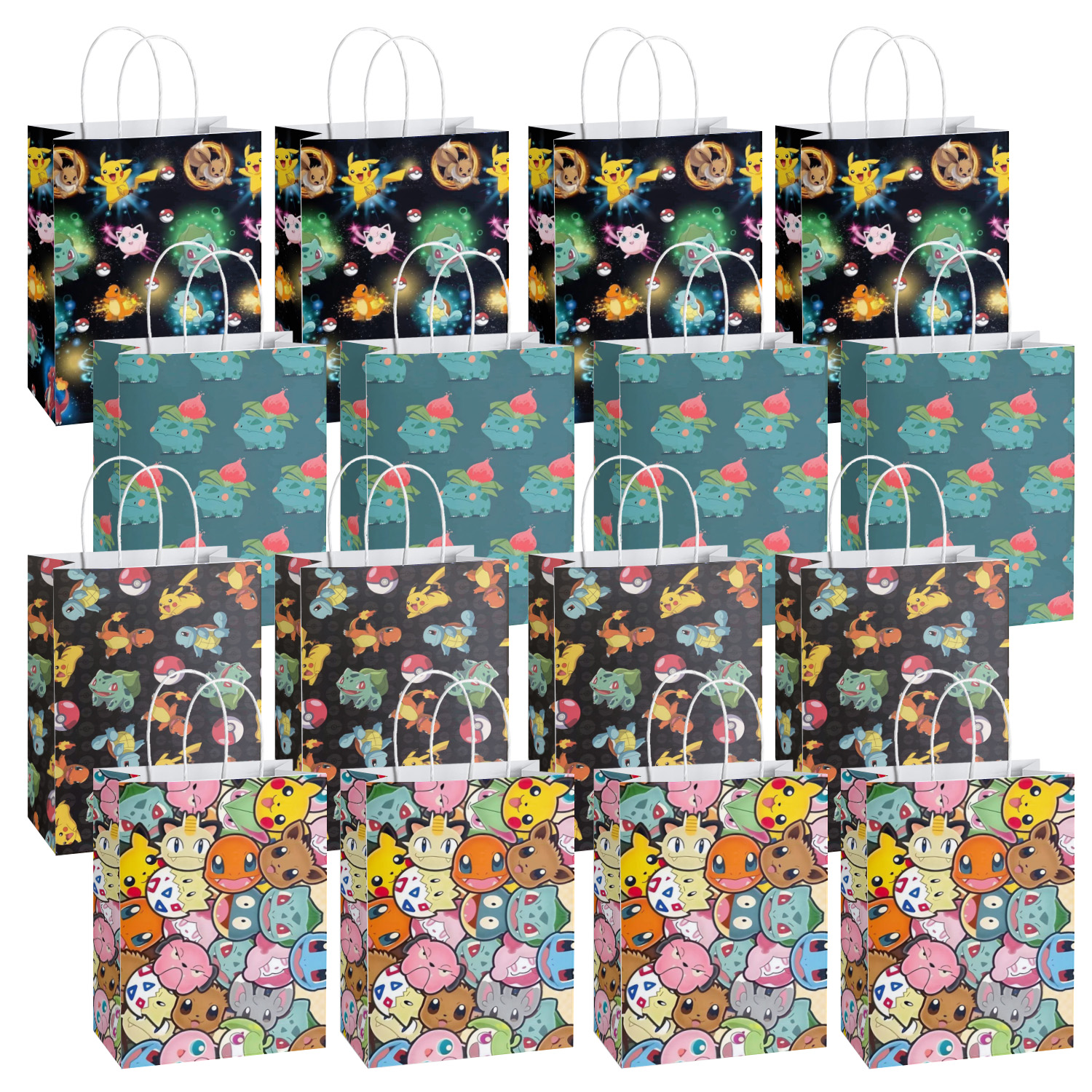 SALQGBUW-Pokemon 16 Pcs Party Paper Gift Bags – Cute Cartoon Favor Bags for Kids' Birthday, Baby Shower, Classroom Treats, and Party Supplies for Boys and Girls